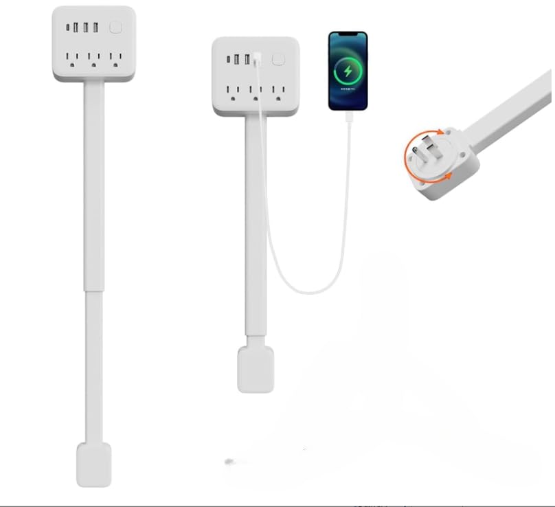 Electrical Outlet Extender A01 displaying two AC outlets and USB ports on a desk.