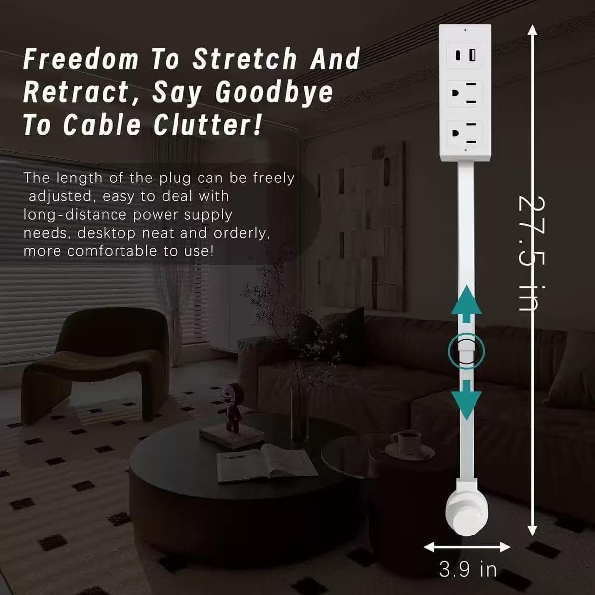 Electrical Outlet Extender behind a couch demonstrates hidden power access.
