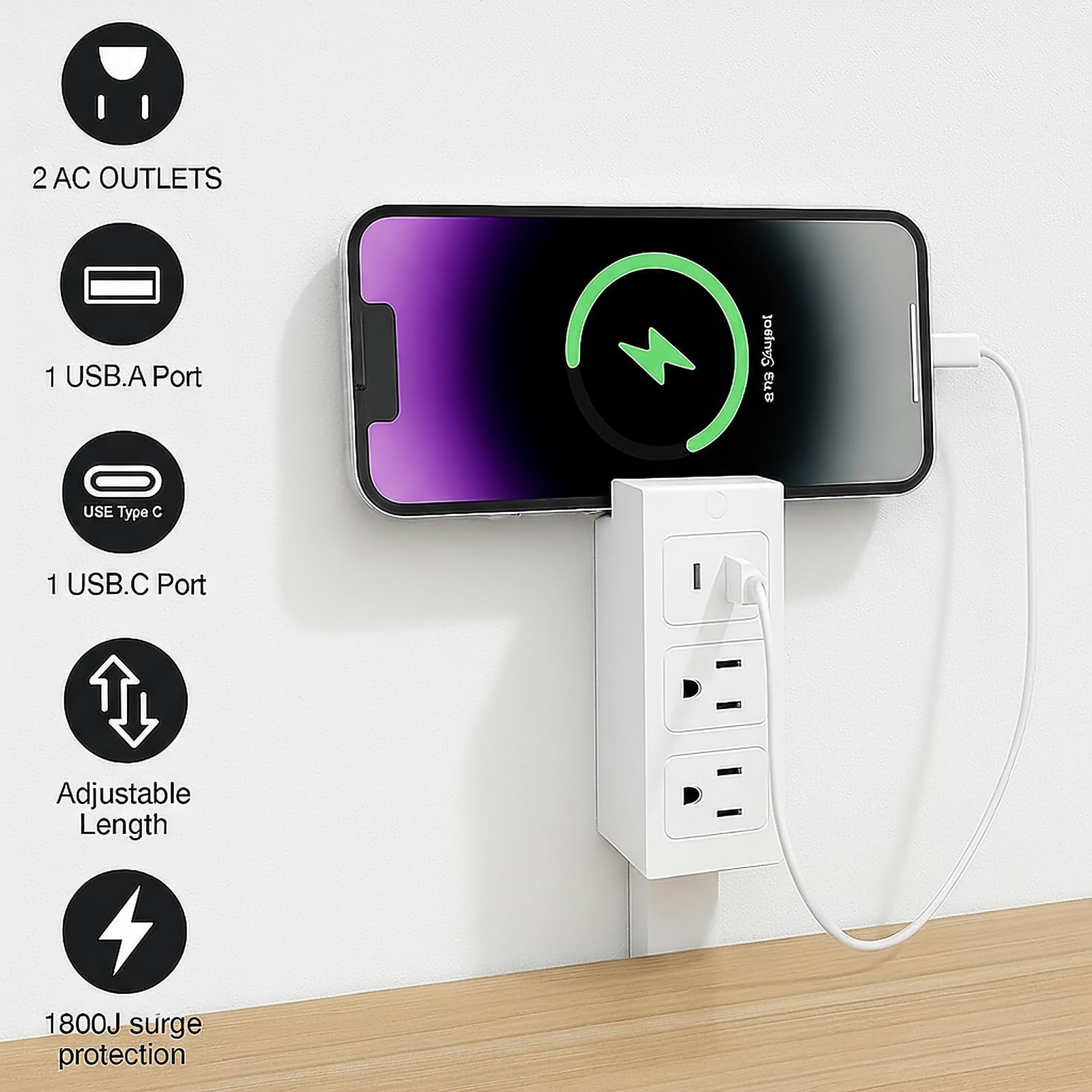 Electrical Outlet Extender with USB-A and USB-C ports for fast charging scenarios.