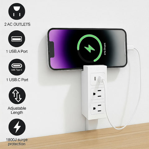 Electrical Outlet Extender with USB-A and USB-C ports for fast charging scenarios.