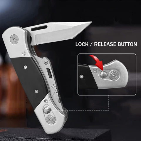 Electrician knife with aluminum handle offers secure grip.