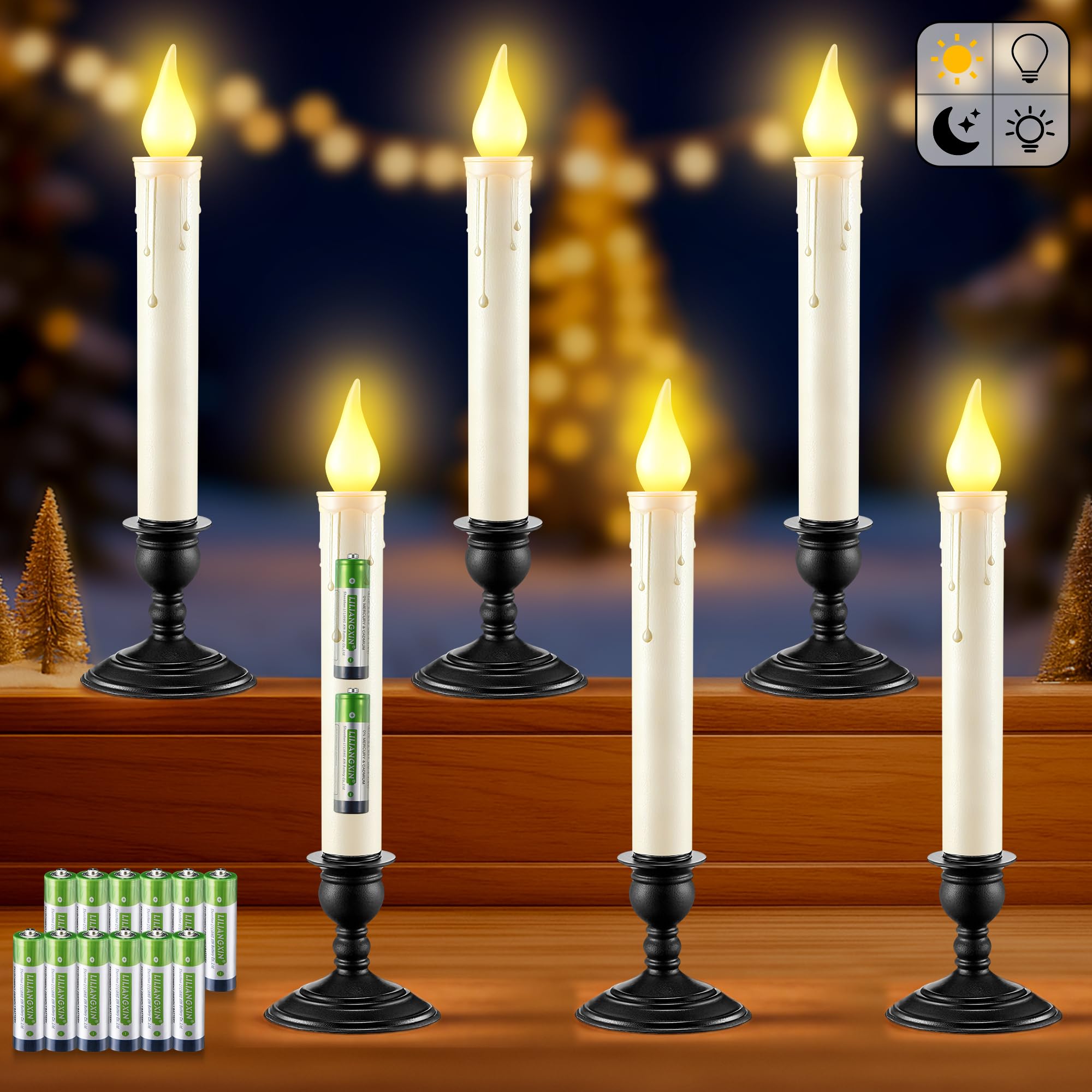 ElectricWise dusk-to-dawn ivory window candle with sensor glows softly by a window.