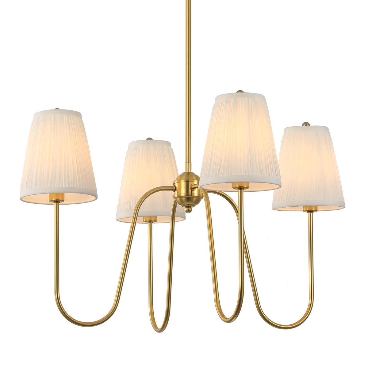 Electro bp 27-inch chandelier with white pleated shades enhances dining ambiance.