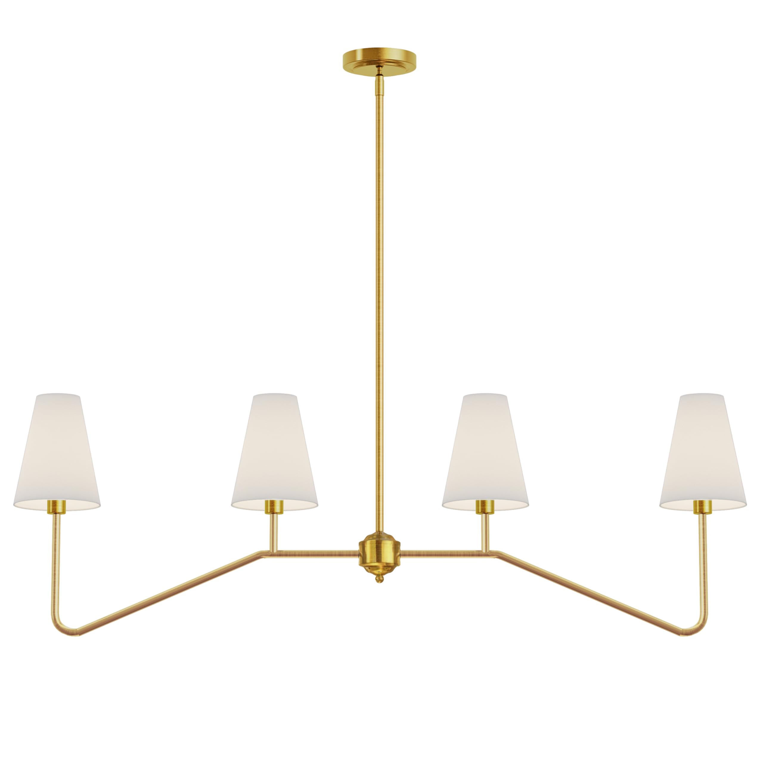 Electro bp 47-inch linear island light with polished gold finish and white linen shades, elegant dining glow