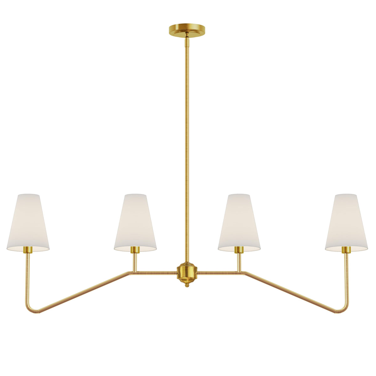 Electro bp 47-inch linear island light with polished gold finish and white linen shades, elegant dining glow