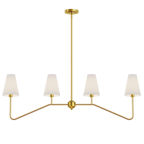 Electro bp 47-inch linear island light with polished gold finish and white linen shades, elegant dining glow