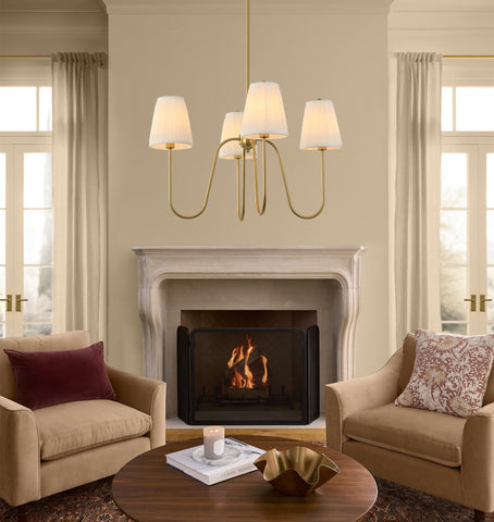 Electro bp 4-arm chandelier showcases polished gold curves and fabric shades.