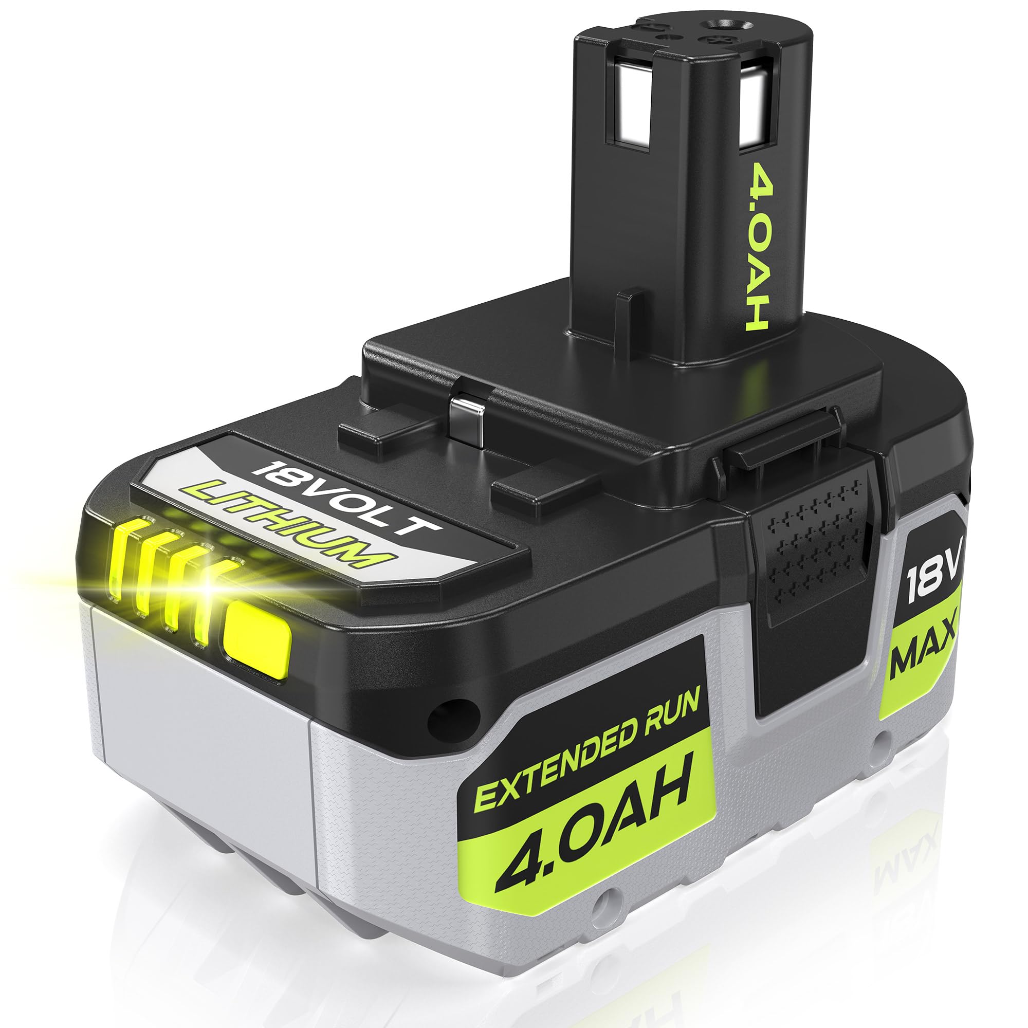 ELECtrysium P108 4Ah battery front view ready for Ryobi 18V tools
