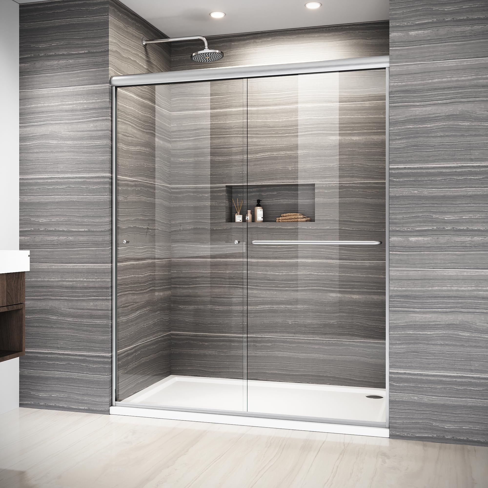 ELEGANT sliding shower door with brushed-nickel frame for a modern bathroom upgrade.