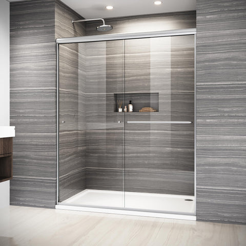 ELEGANT sliding shower door with brushed-nickel frame for a modern bathroom upgrade.