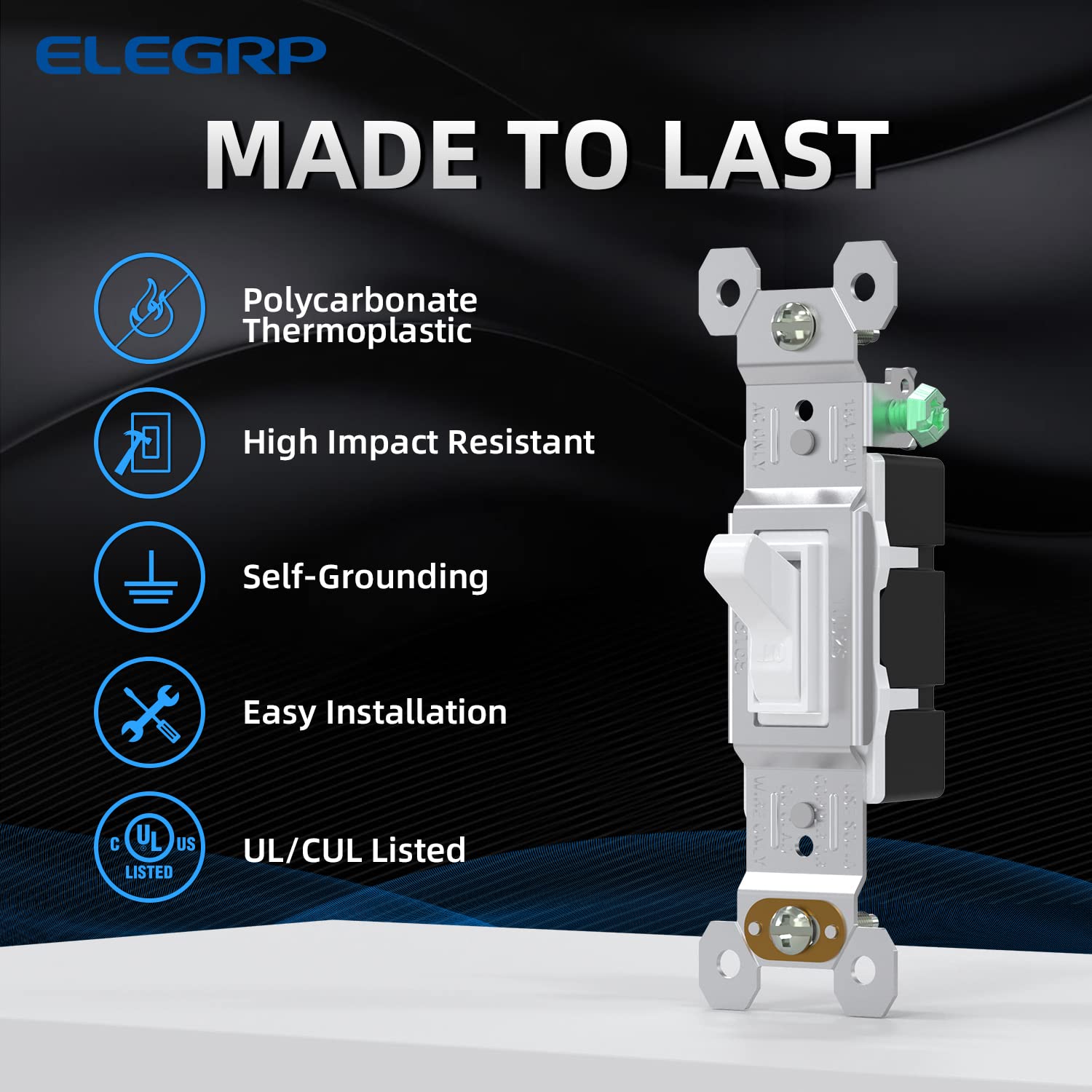 ELEGRP 15A 120V white toggle switch suitable for residential use.