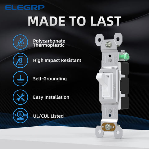 ELEGRP 15A 120V white toggle switch suitable for residential use.