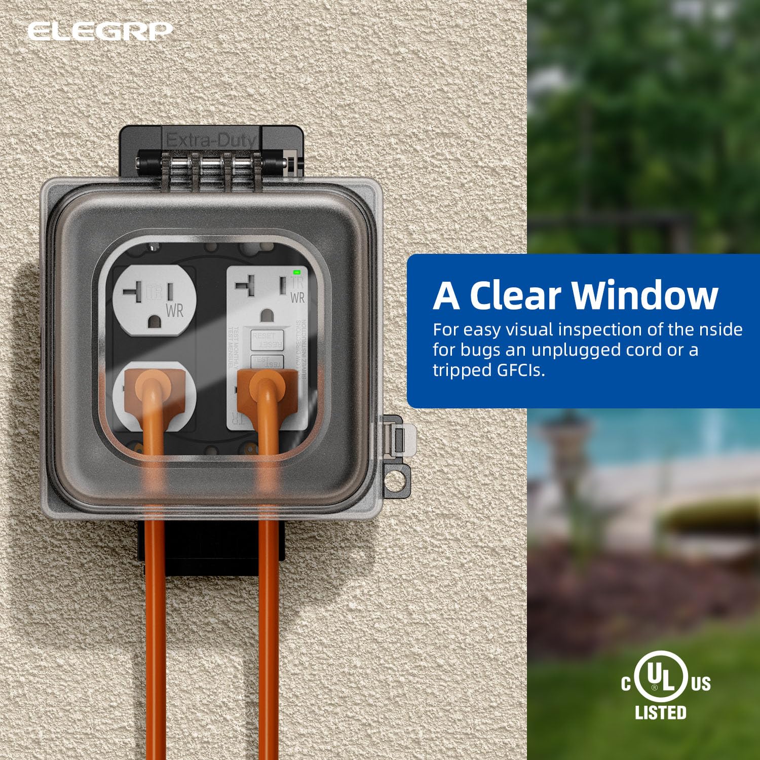 ELEGRP 2-Gang in-use view shows protection for GFCI and decorator receptacles.