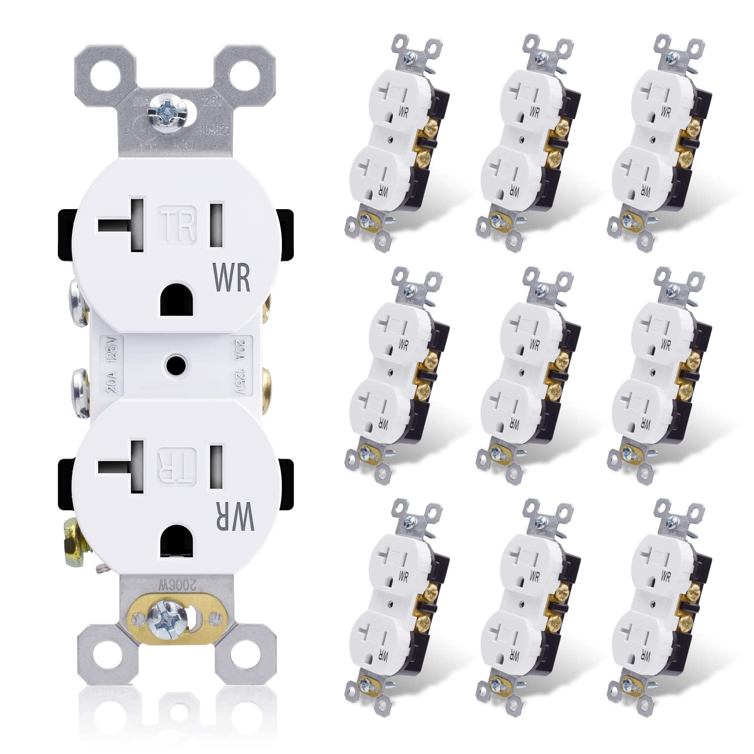 ELEGRP 20-amp duplex receptacle front view showing durable, safe home-use outlet