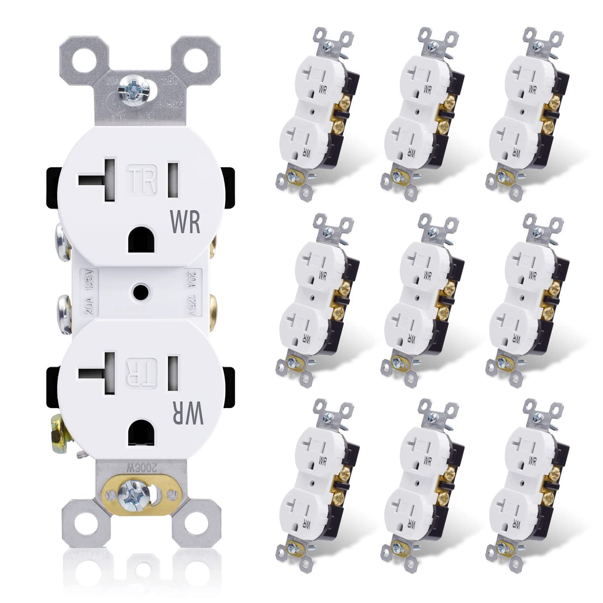 ELEGRP 20-amp duplex receptacle front view showing durable, safe home-use outlet