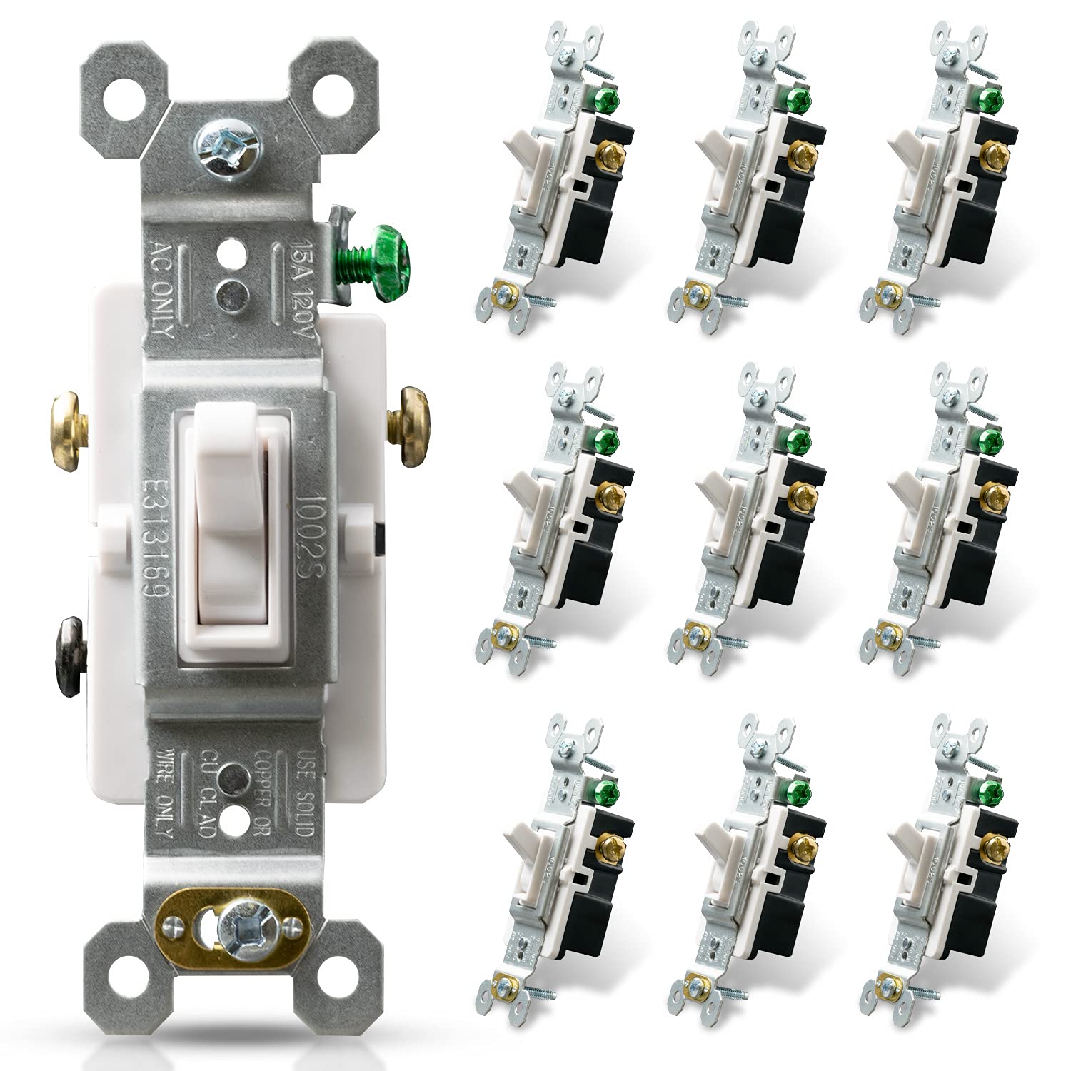 ELEGRP 3-Way Toggle Light Switch front view highlights glossy white frame and modern design.