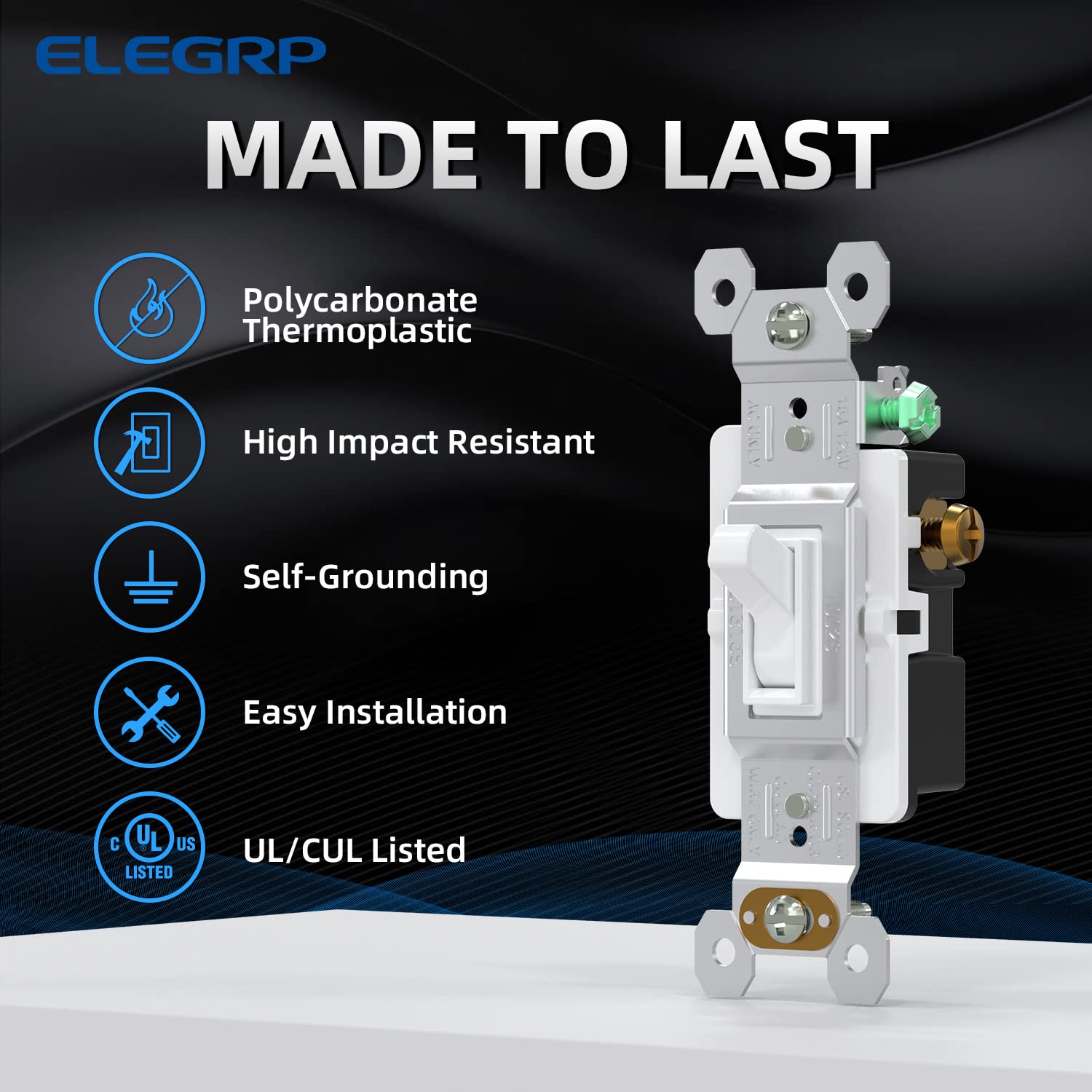 ELEGRP 3-Way Toggle Switch side wiring demonstrates flexible installation in tight boxes.