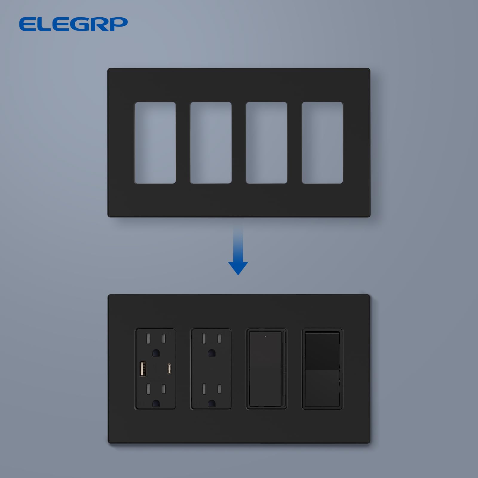ELEGRP 4-Gang faceplate uses durable polycarbonate for flame resistance and impact readiness.