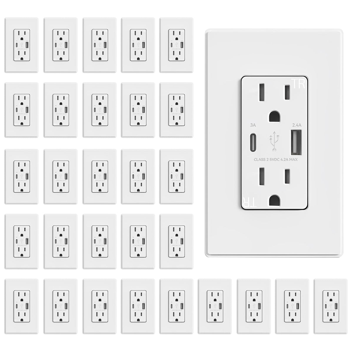 ELEGRP charger wall outlet with USB A and C ports for fast charging at home.