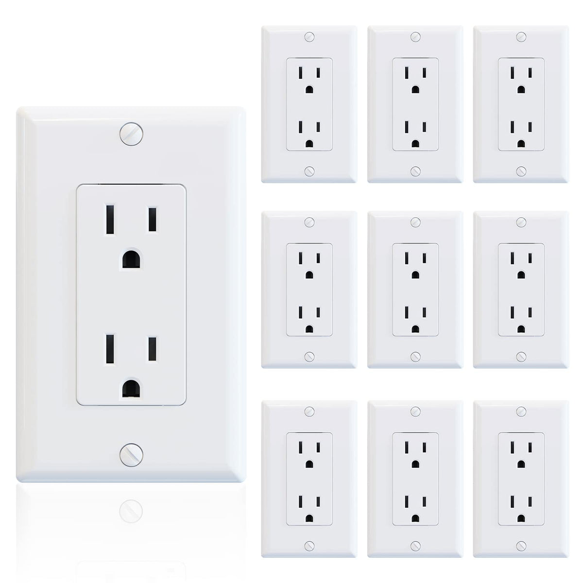 ELEGRP Decorator Receptacle front view in glossy white finish.