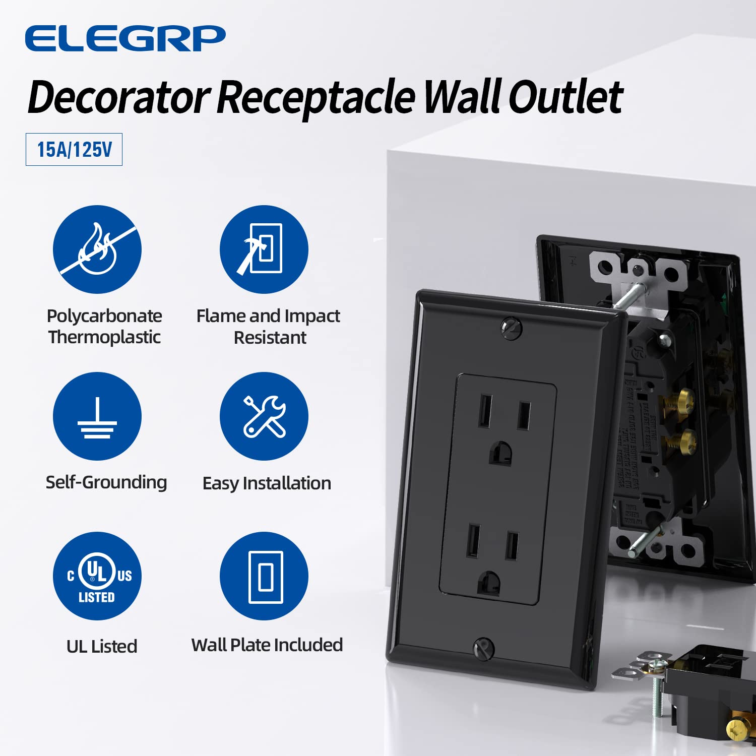 ELEGRP Decorator Receptacle side view showing compact wiring space for easy wiring.