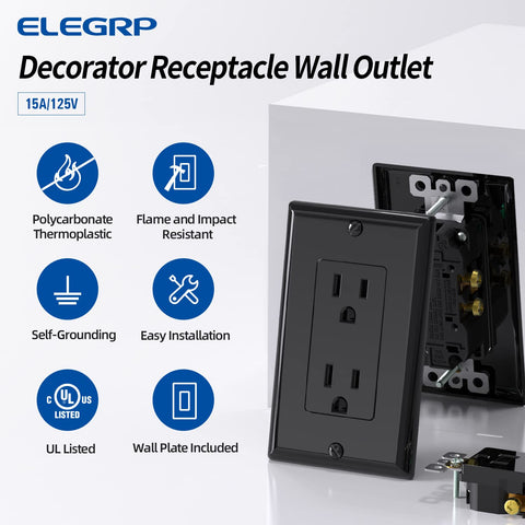 ELEGRP Decorator Receptacle side view showing compact wiring space for easy wiring.
