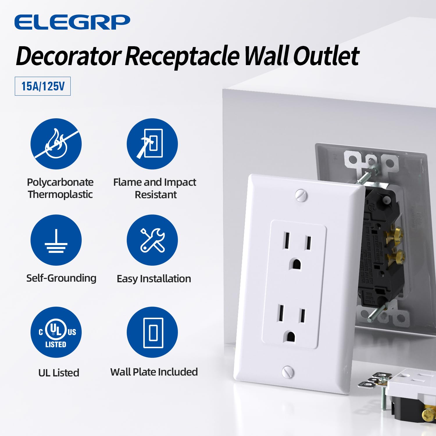 ELEGRP Decorator Receptacle side wiring demonstrates quick-connect design.