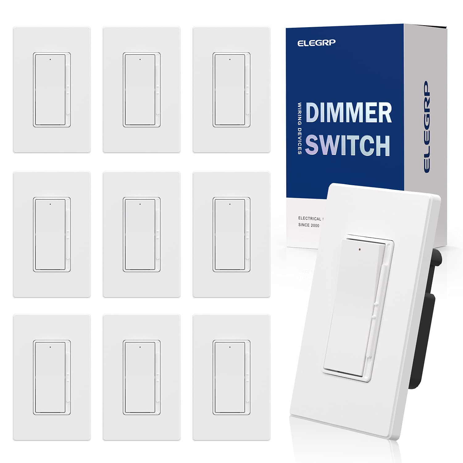 ELEGRP dimmer switch front view with slim profile and wall plate for easy install.