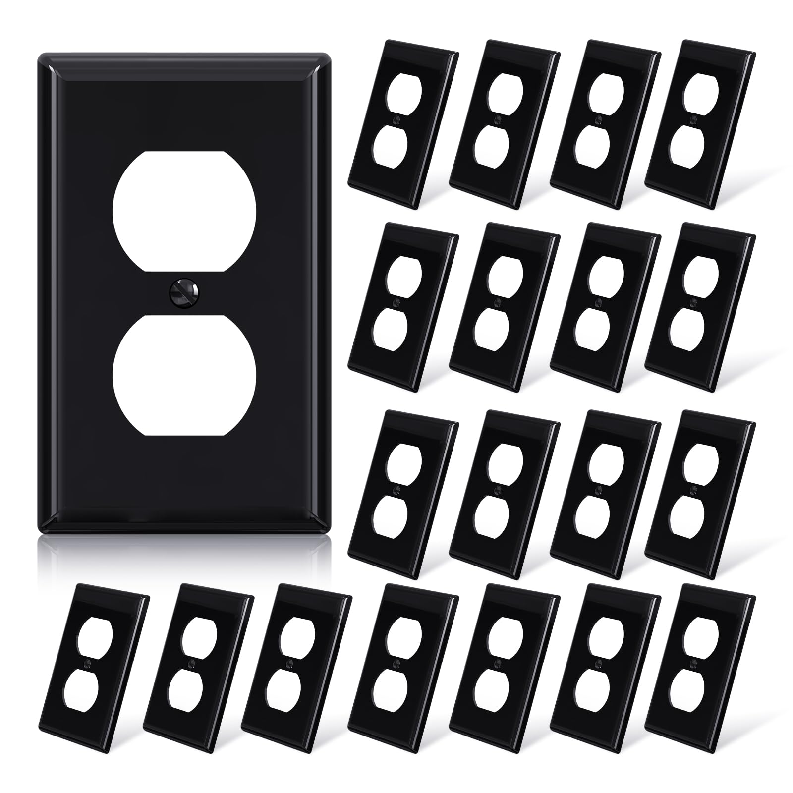 ELEGRP glossy black duplex outlet cover front view for a durable, easy-clean wall plate