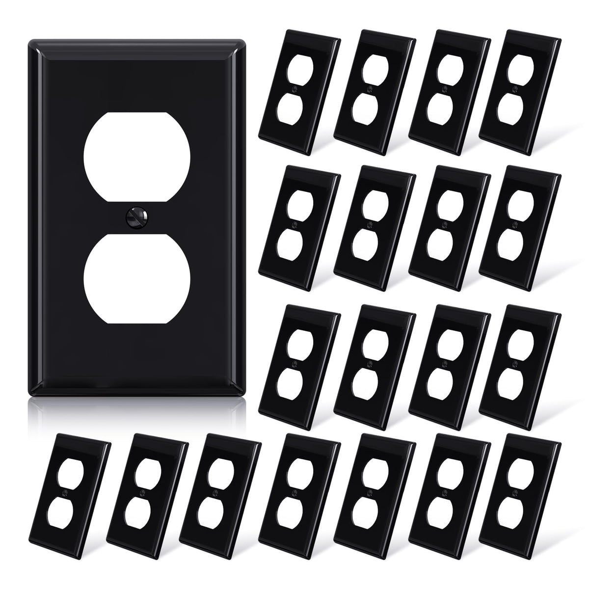 ELEGRP glossy black duplex outlet cover front view for a durable, easy-clean wall plate