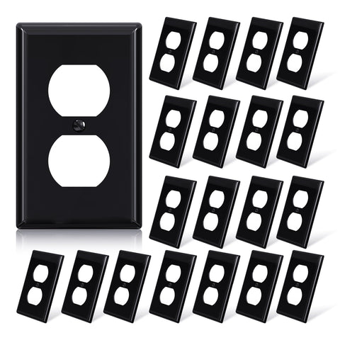 ELEGRP glossy black duplex outlet cover front view for a durable, easy-clean wall plate