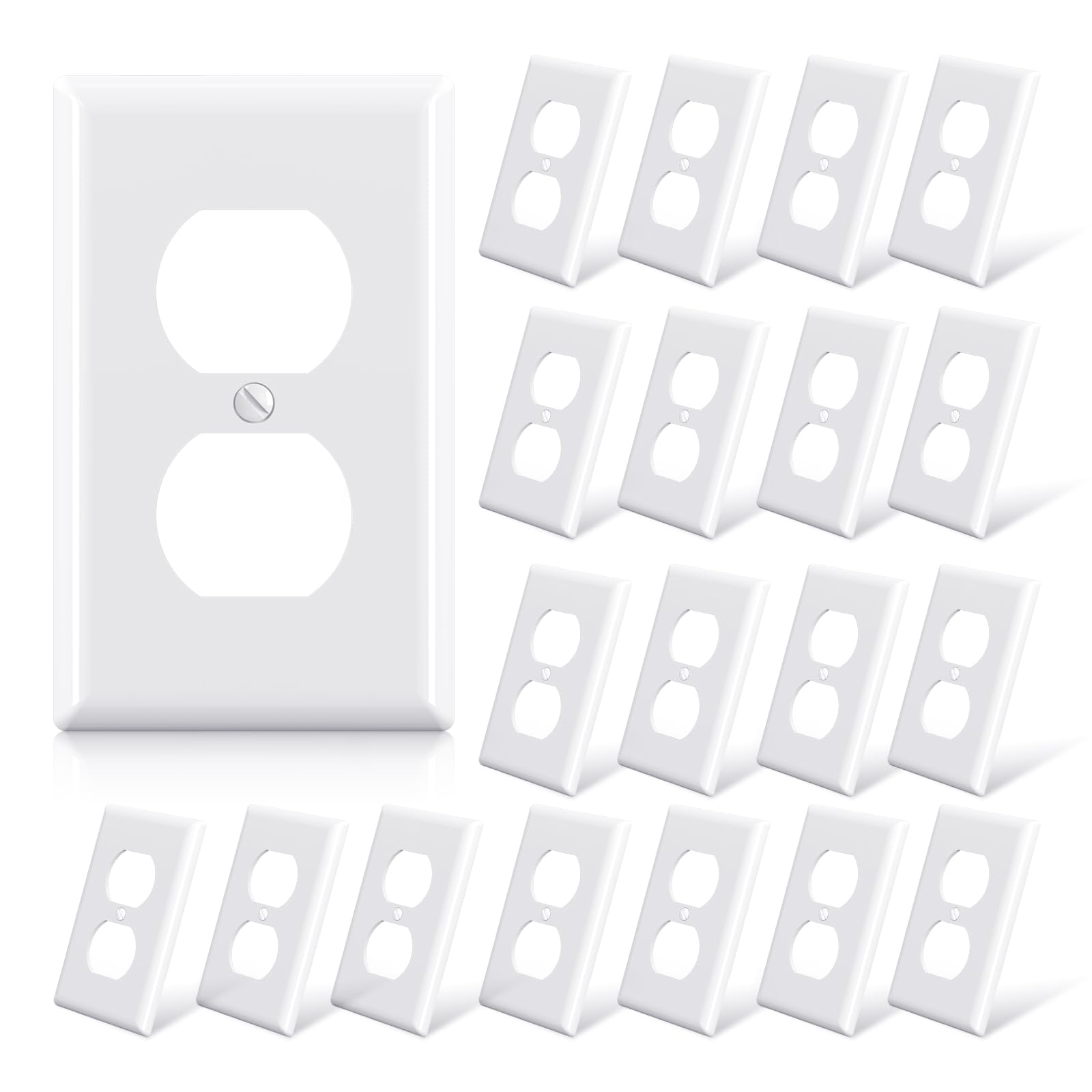 ELEGRP duplex receptacle cover in glossy white demonstrates durable polycarbonate construction.