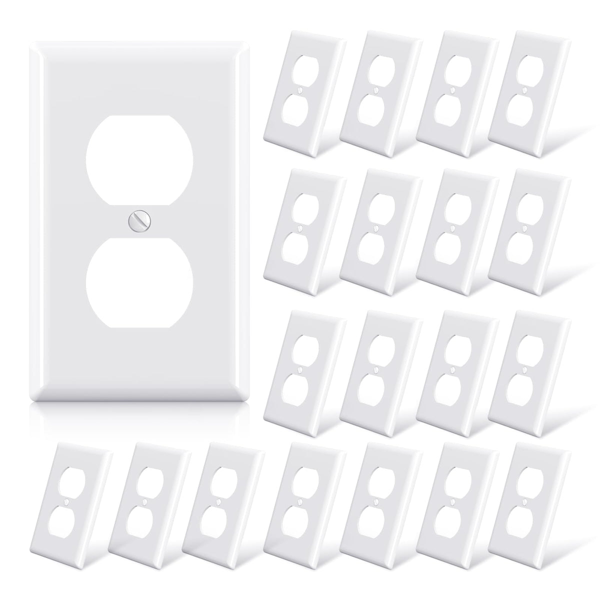 ELEGRP duplex receptacle cover in glossy white demonstrates durable polycarbonate construction.