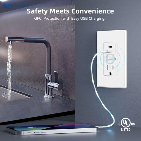 ELEGRP GFCI outlet with USB ports offers 24W charging for devices.