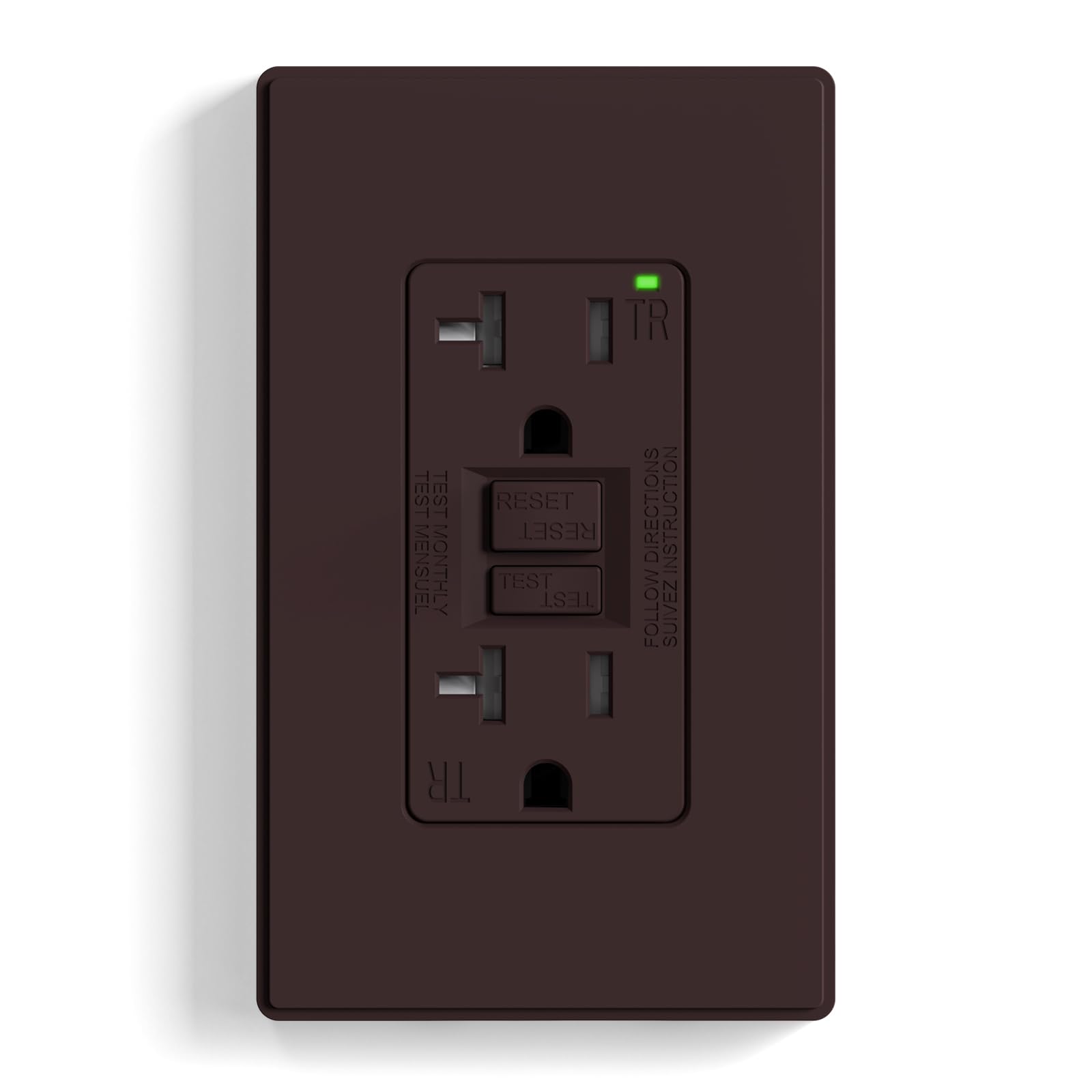 ELEGRP GFCI outlet front view with slim profile for easy wall mounting.