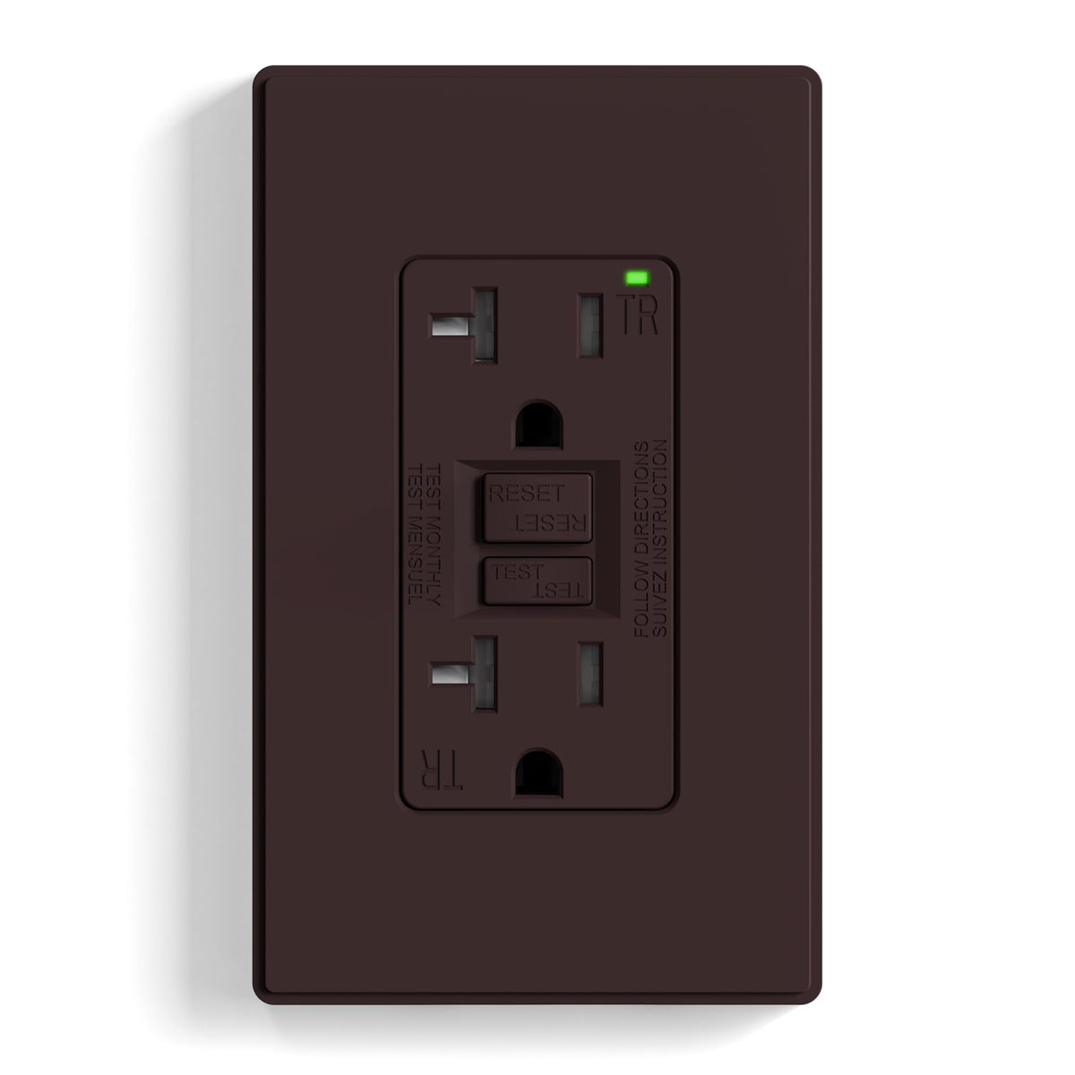 ELEGRP GFCI outlet front view with slim profile for easy wall mounting.