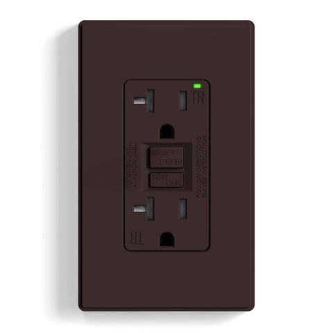 ELEGRP GFCI outlet front view with slim profile for easy wall mounting.