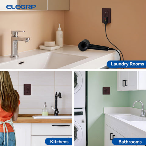 ELEGRP GFCI outlet in home setting demonstrates reliable ground fault protection.