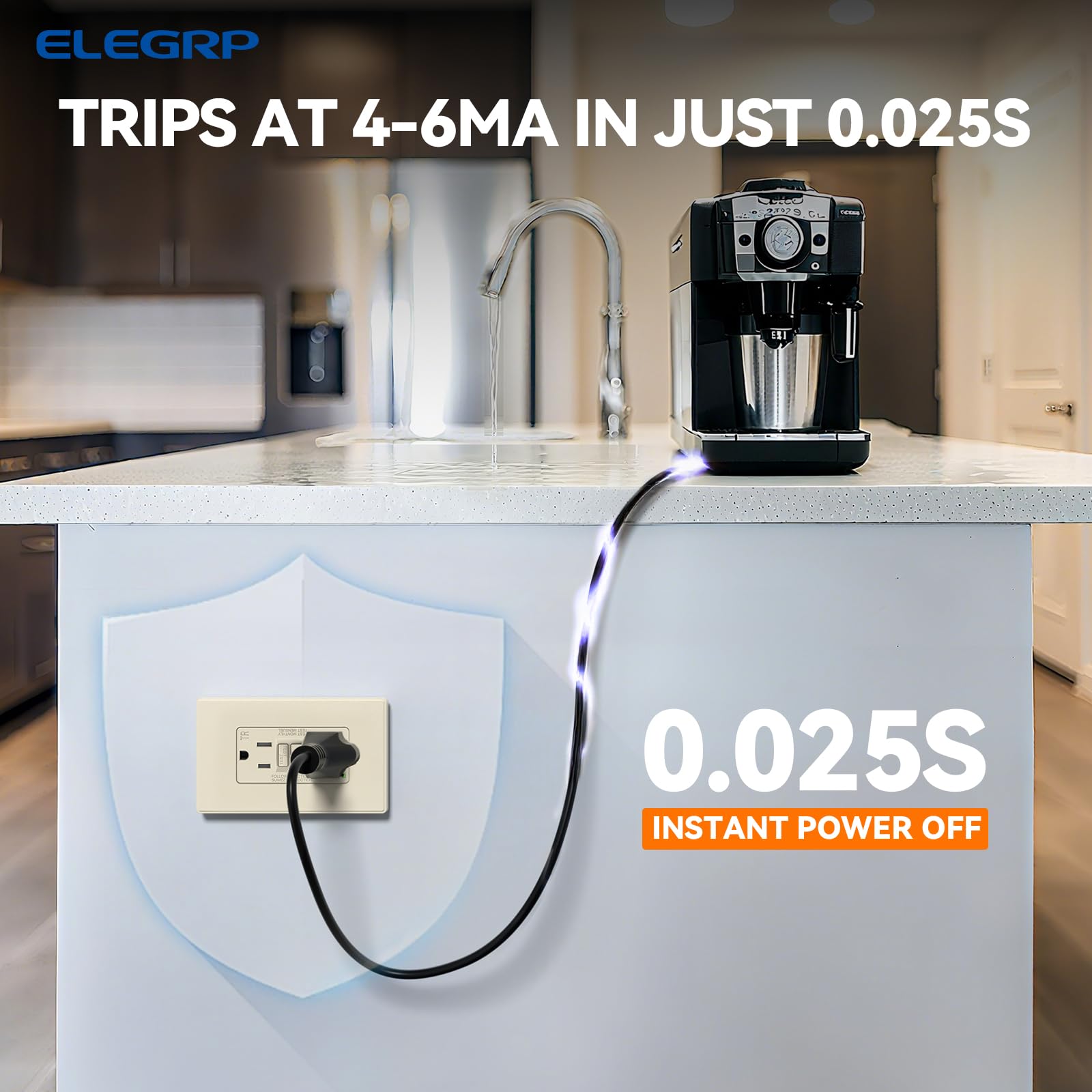 ELEGRP GFCI outlet self-test indicator lit for constant readiness.