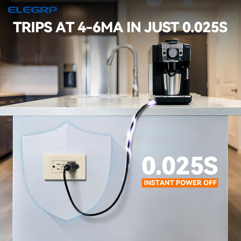ELEGRP GFCI outlet self-test indicator lit for constant readiness.