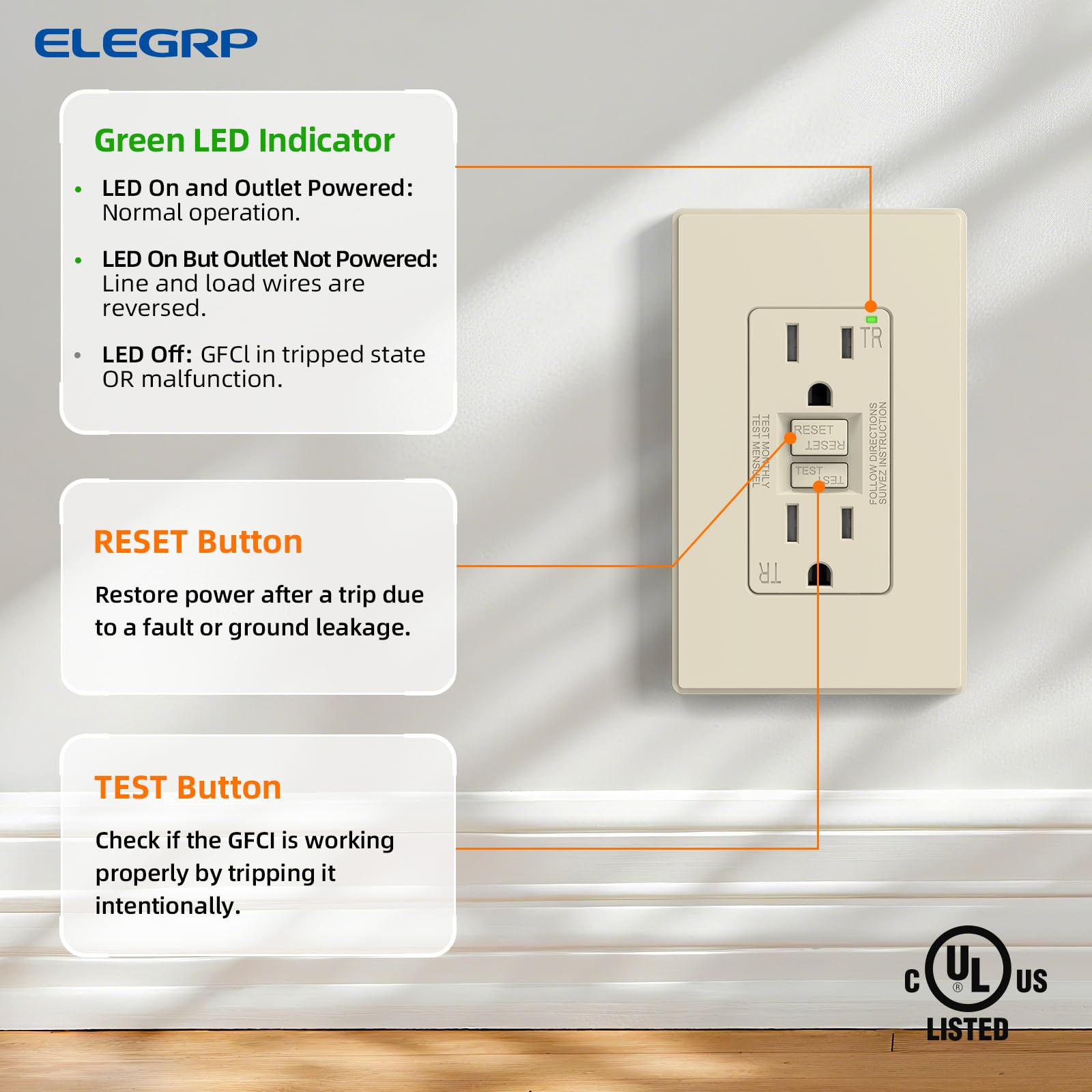 ELEGRP GFCI outlet tamper-resistant shutter prevents curious fingers.
