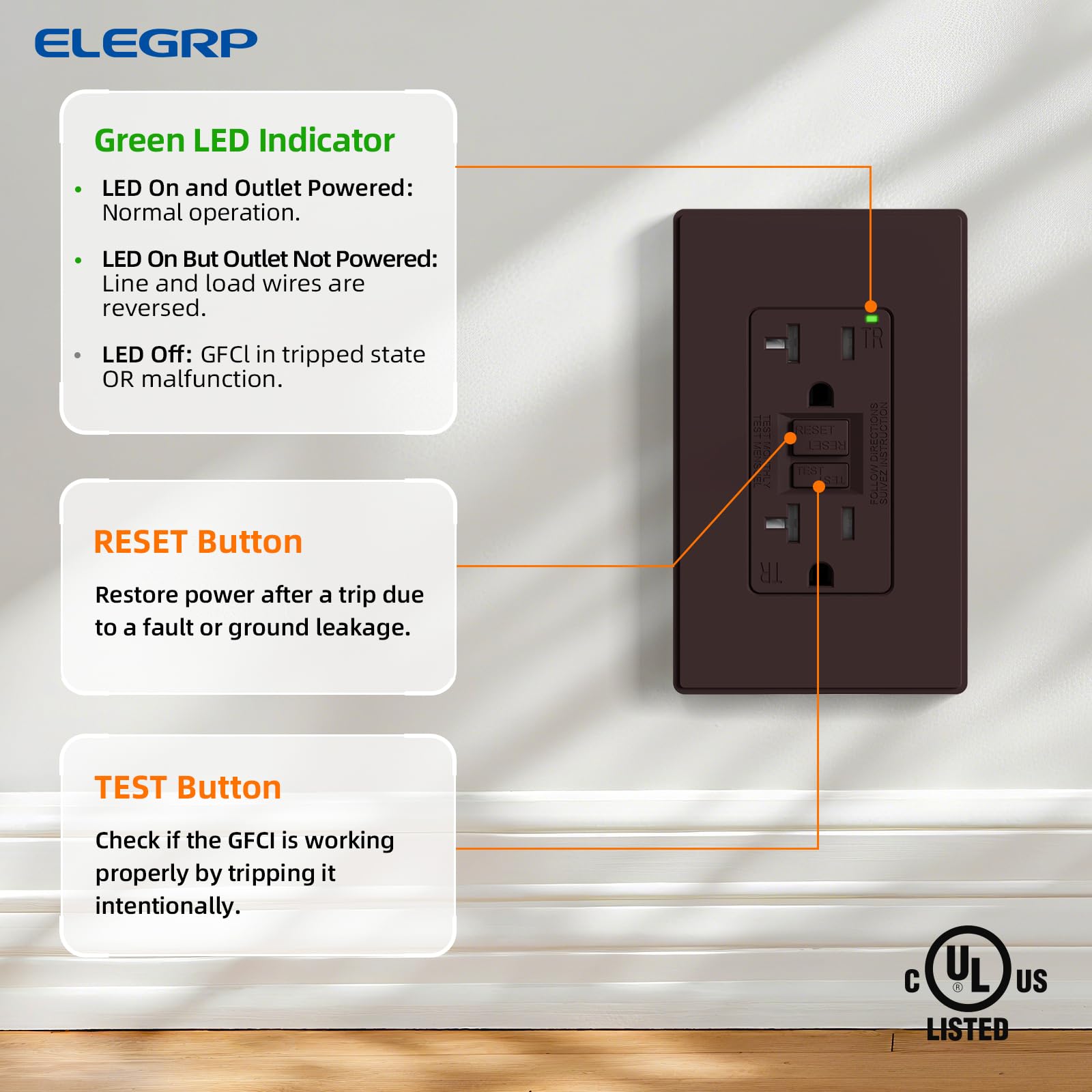 ELEGRP GFCI outlet tamper-resistant shutter protects children from unsafe inserts.