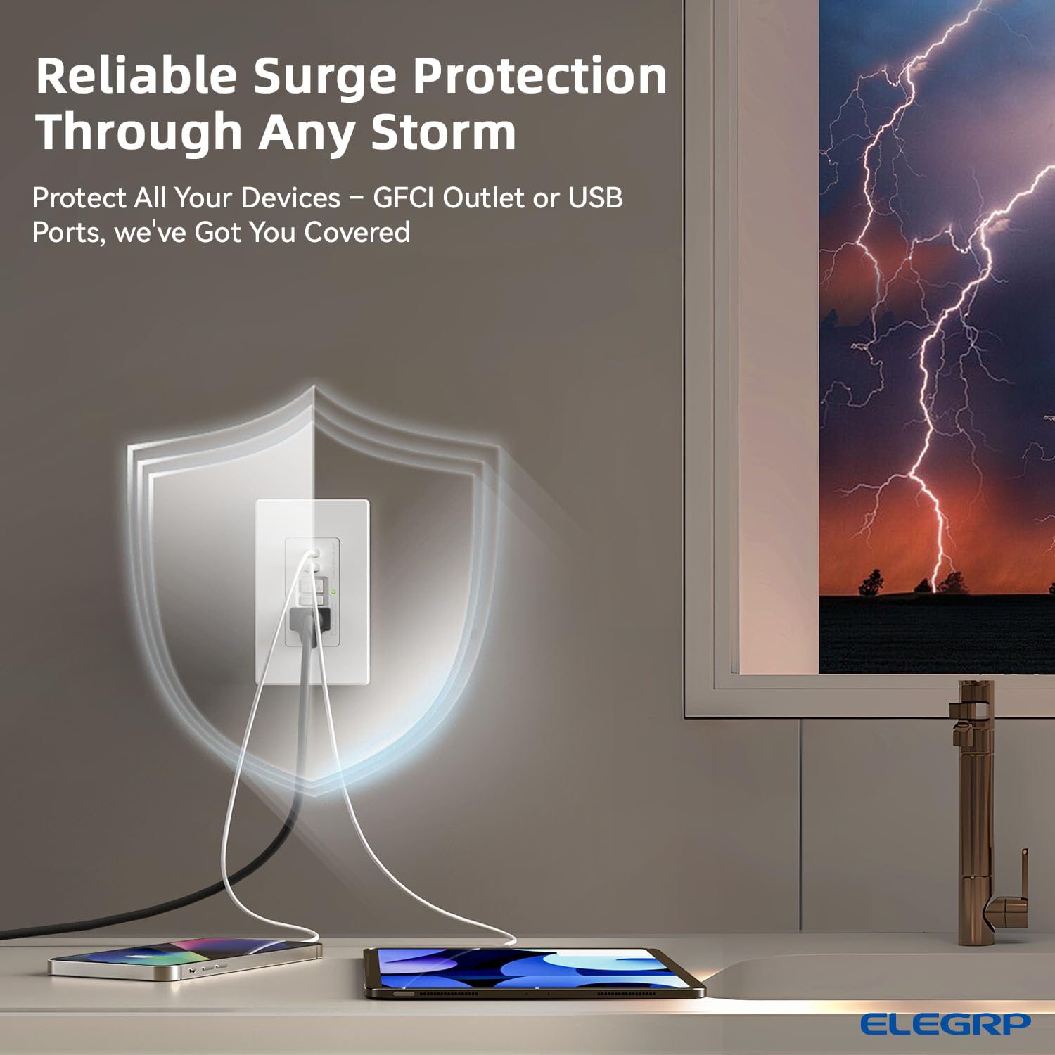 Tamper-resistant shutters shown on ELEGRP GFCI outlet for safety.