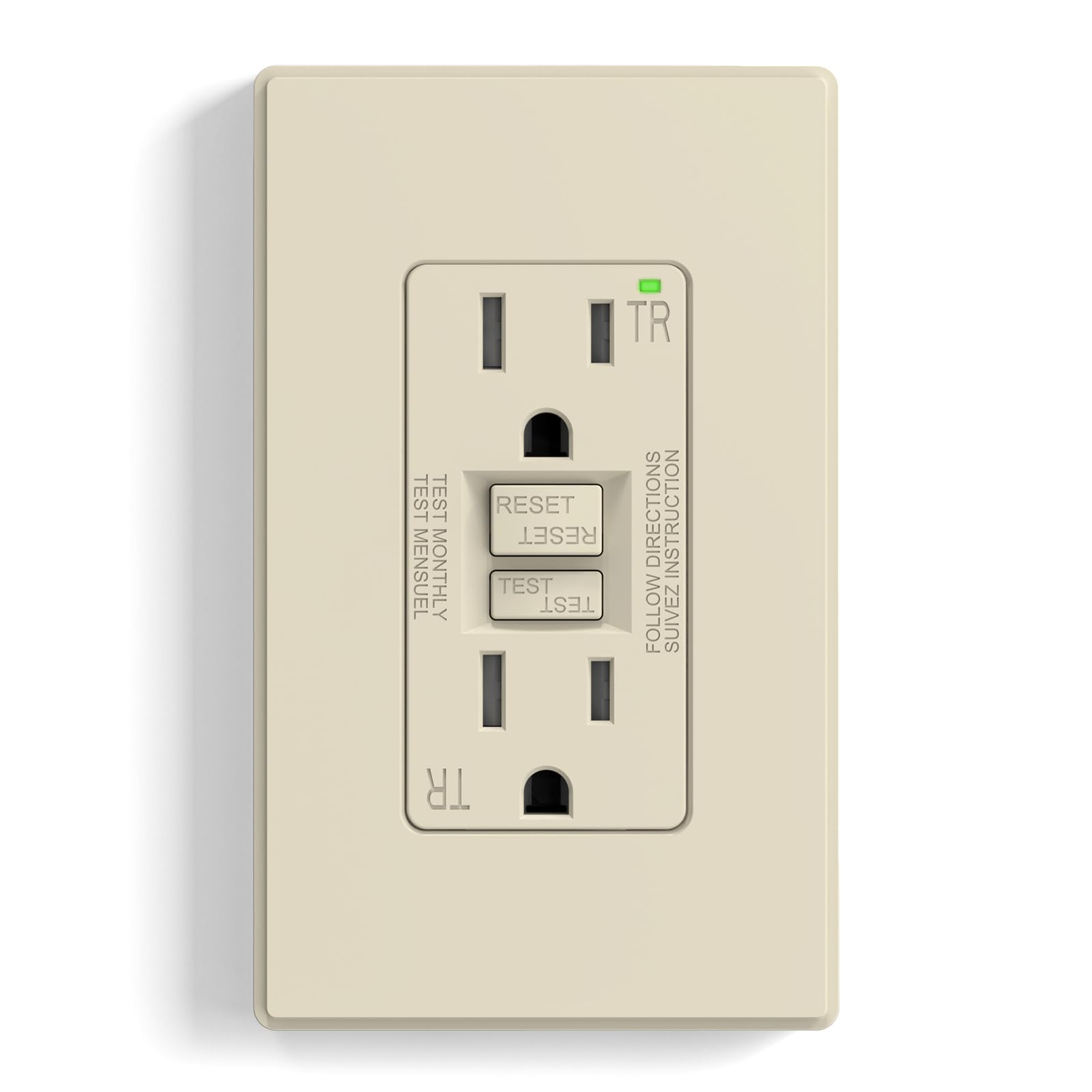 ELEGRP GFCI outlet front view shows slim profile for tight spaces.