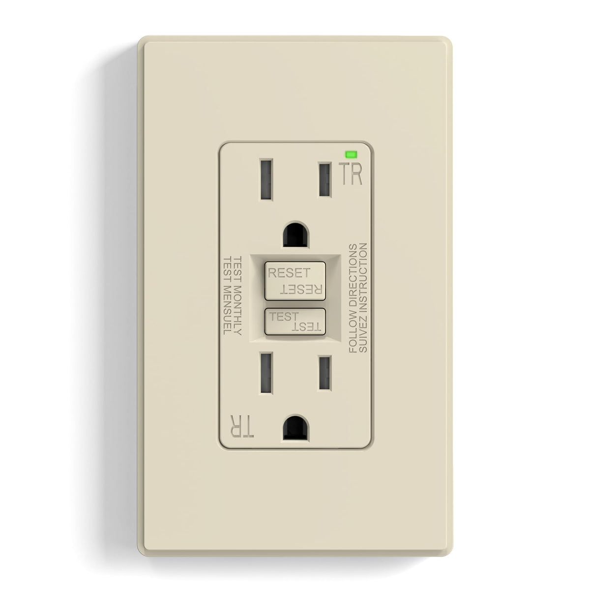 ELEGRP GFCI outlet front view shows slim profile for tight spaces.