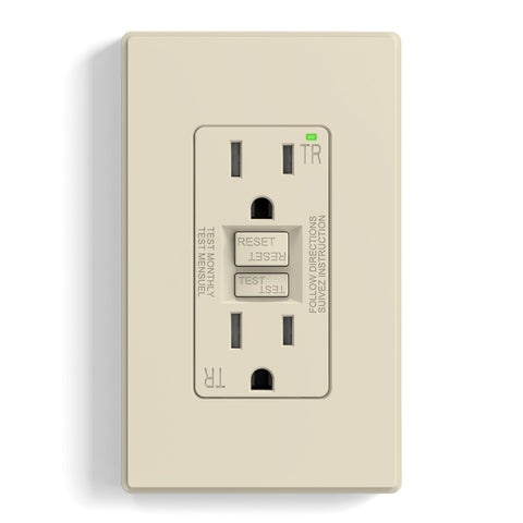 ELEGRP GFCI outlet front view shows slim profile for tight spaces.