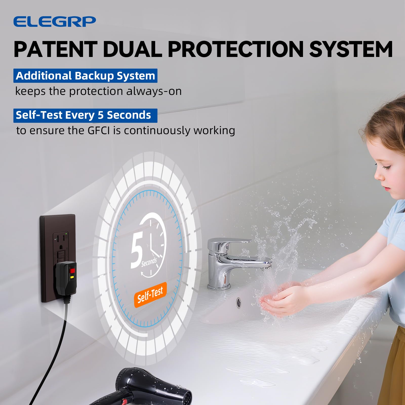 ELEGRP GFCI outlet thinner design shows space-saving fit in tight wall spaces.