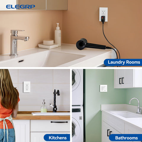 ELEGRP GFCI outlet UL-listed seal shows trusted electrical safety standards.