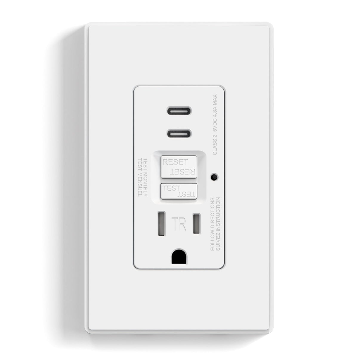 ELEGRP GFCI outlet with USB ports front view highlighting compact design for tight spaces.