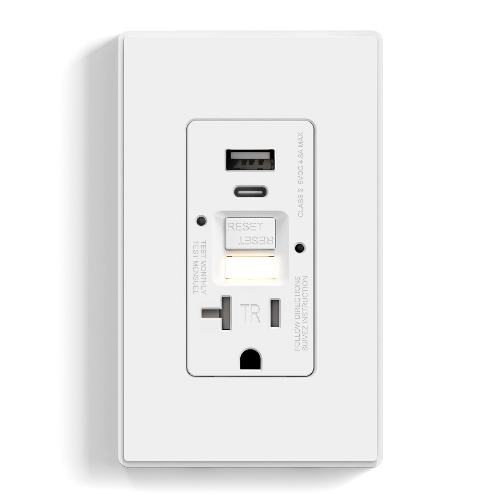 ELEGRP GFCI outlet with USB ports and nightlight, matte white, ideal for kitchen charging.